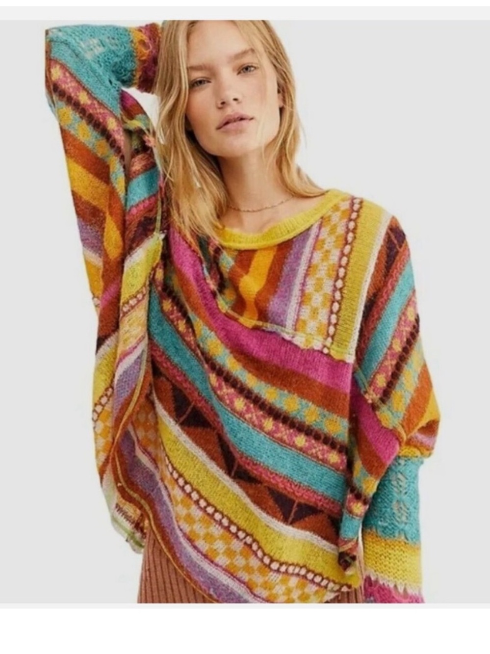 Free People December Skies Poncho Sweater Multicolor Patchwork Boho M Excellent